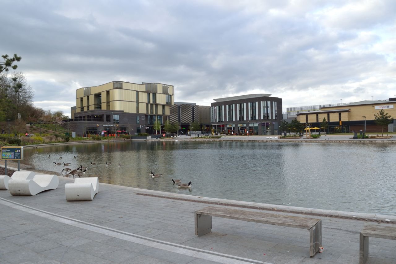 Southwater lake and town centre buildings in Telford