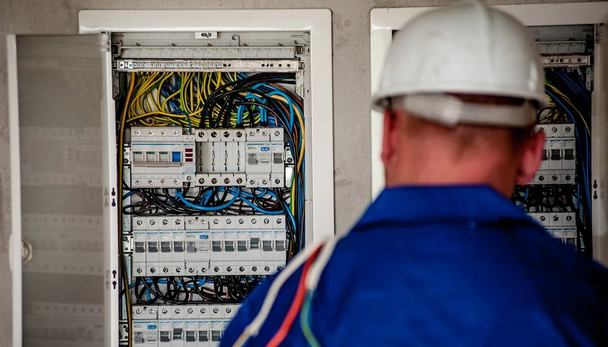 Electrician inspecting circuit breakers and wiring in a distribution board