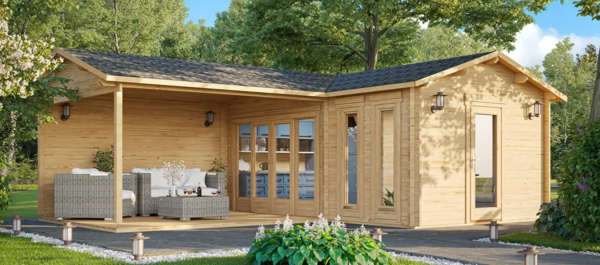 Garden room with outdoor wall lights and path lighting
