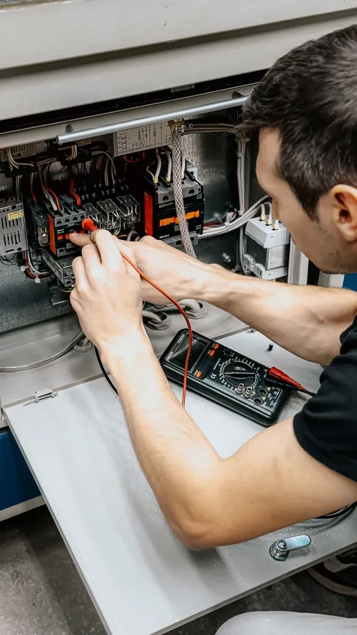 Electrician testing an electrical panel with multimeter probes
